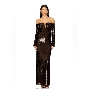 Self Portrait Sequin Off Shoulder Maxi Dress Brown Size 0 Event Gown Revolve